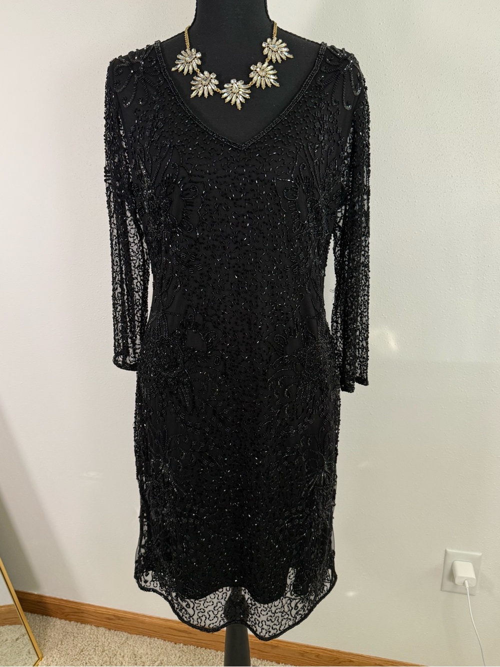 Pisarro Nights Black Beaded Cocktail Dress Size 6 Art Deco Evening Formal Dress